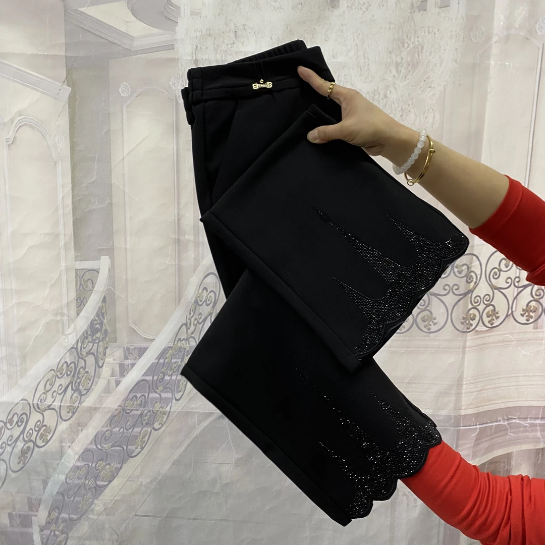 5815款2025春夏新款黑色松紧腰重工烫钻高腰弹力九分时尚微喇裤