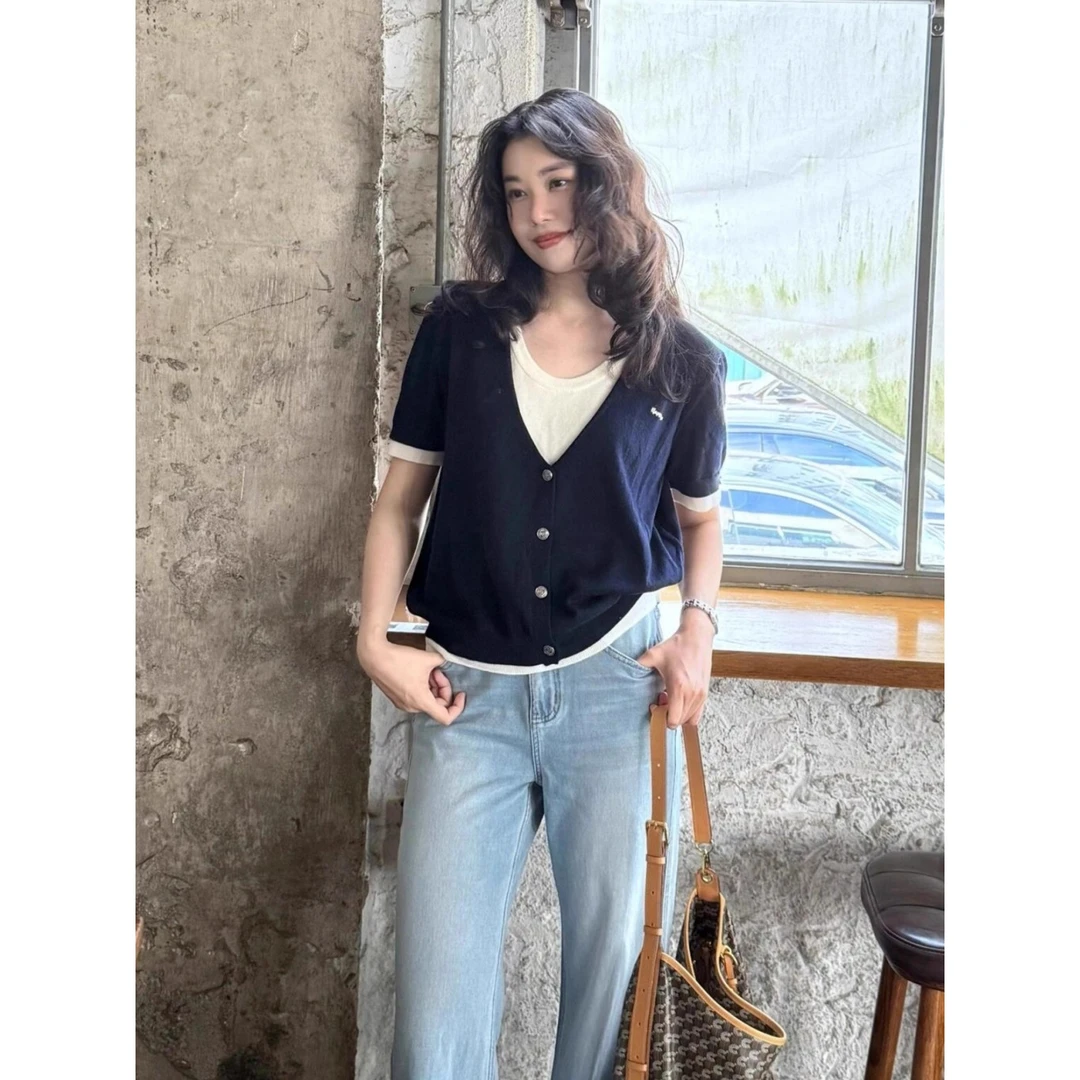 藏蓝色设计感撞色针织短袖T恤女2025夏季超好看独特漂亮短款上衣