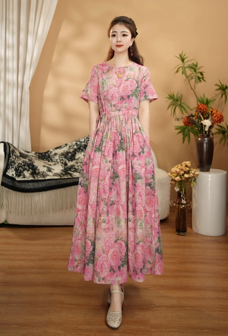 【素雅】夏季新款高档长款印花宽松收腰显瘦大裙摆连衣裙长裙3048
