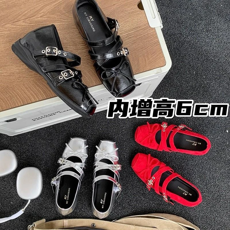 6cm内增高～软底复古红色法式绒面芭蕾单鞋女气质交叉带玛丽珍鞋
