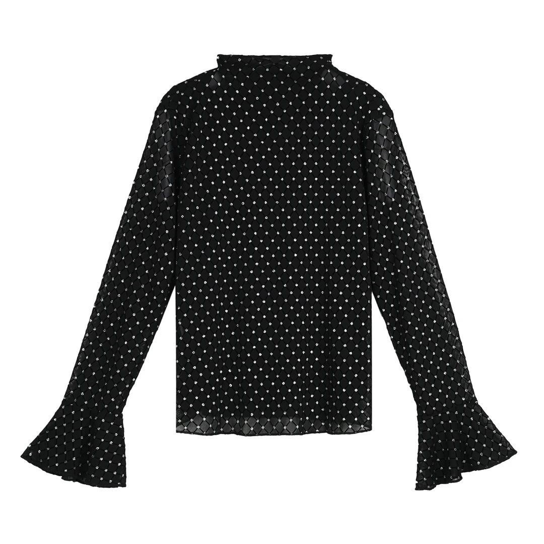 大码波点耐磨长袖半高领常规纱网T恤显瘦黑色休闲圆点#CVC20111