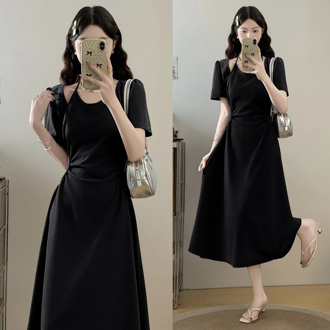法式复古温柔风气质假两件连衣裙夏季新款设计感时尚拼接a字长裙