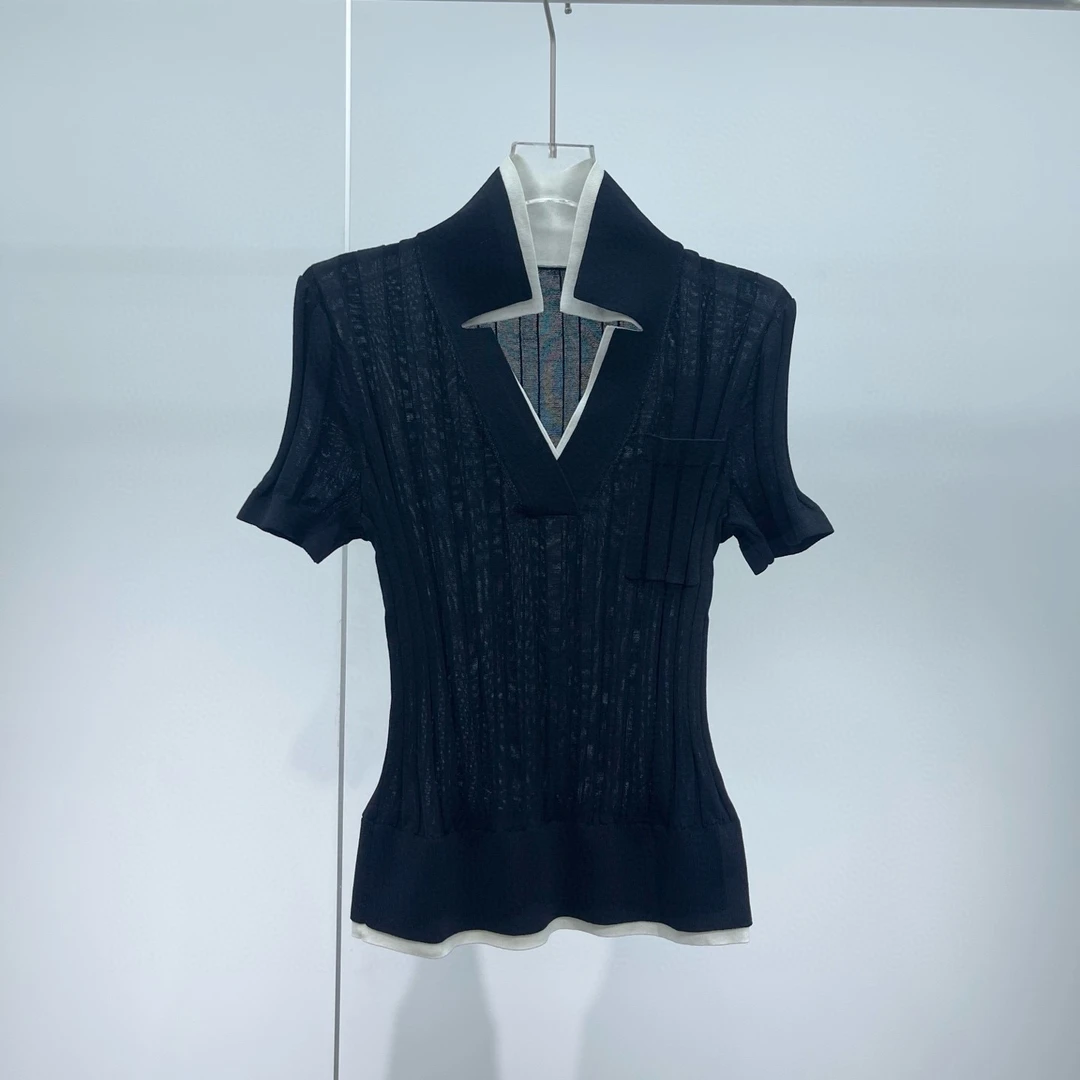 艾家上衣女商场同款设计感百搭2025春新款短袖针织衫衬衫8191