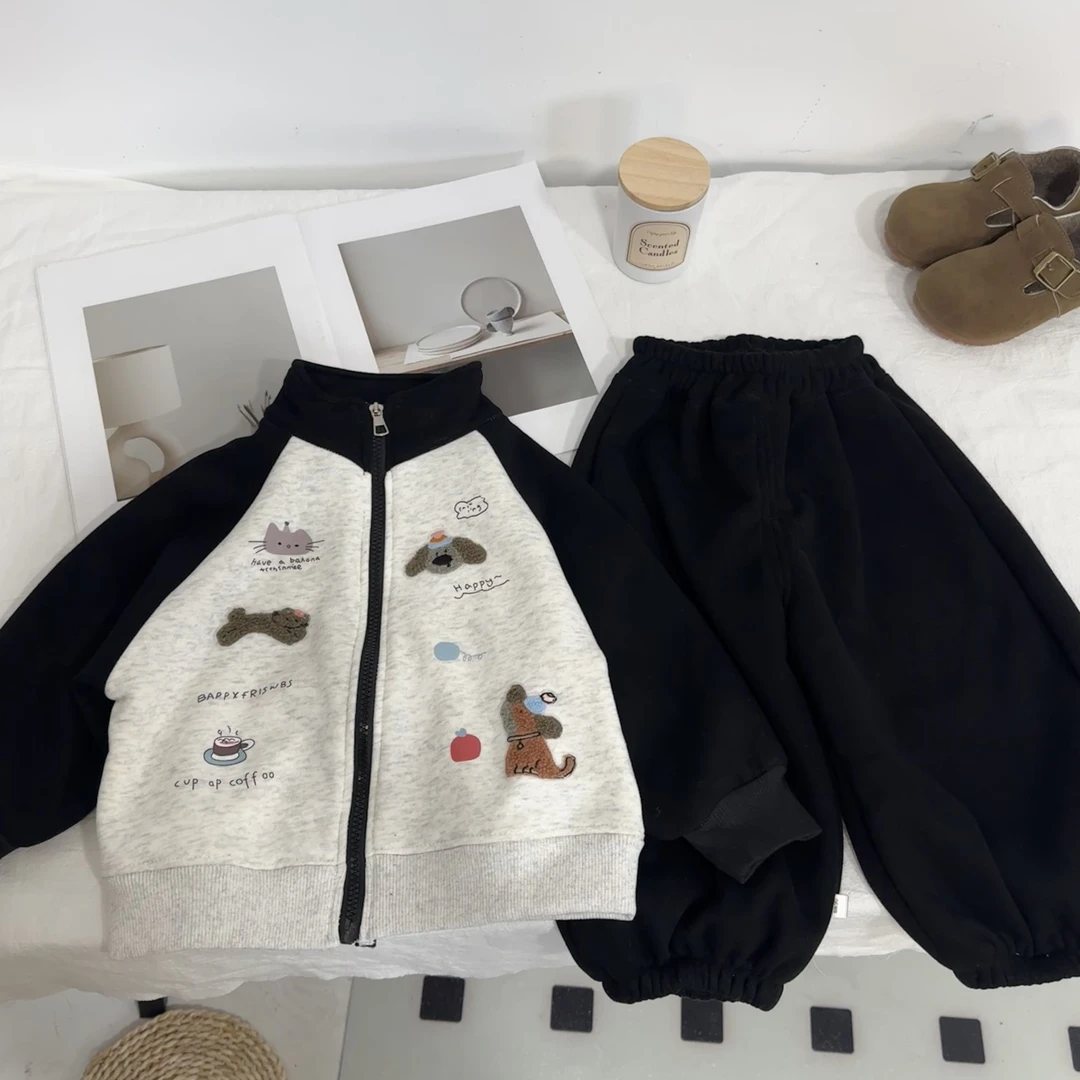 【加绒加厚】2025秋冬季卫衣小狗印花新款儿童卡通宽松韩版套装