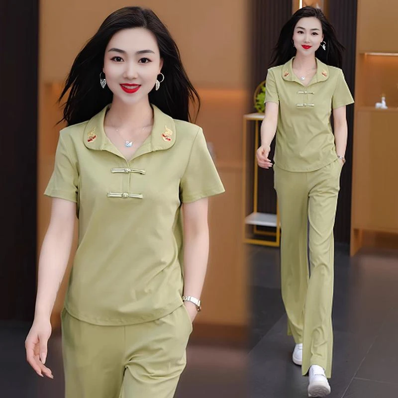 高含棉休闲套装女2025夏季新款时尚洋气减龄短袖长裤运动服两件套
