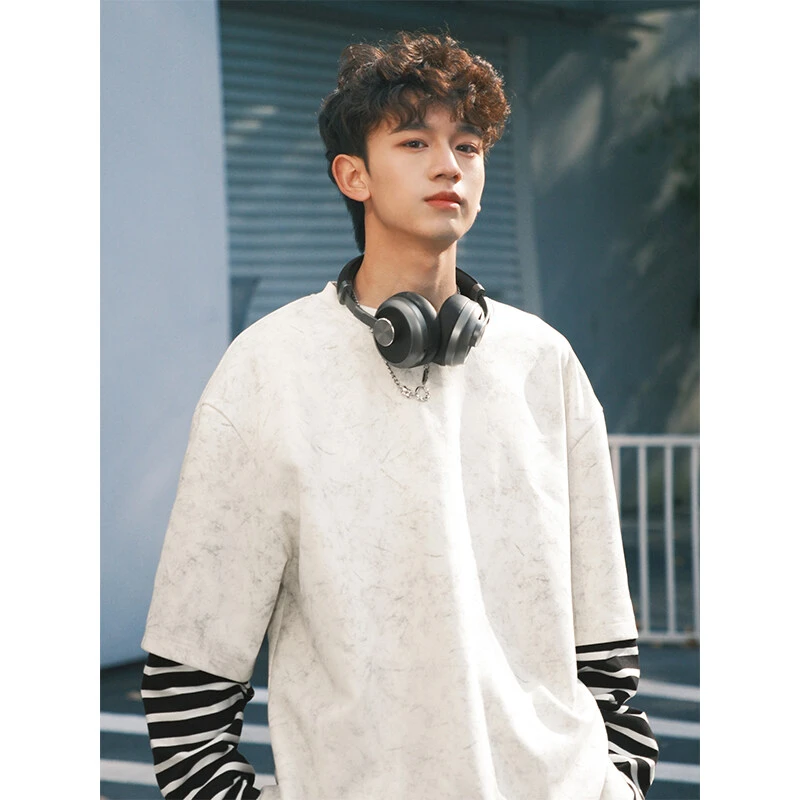 日系少年感假两件条纹拼接卫衣无帽学院风t恤长袖高级感打底衫潮