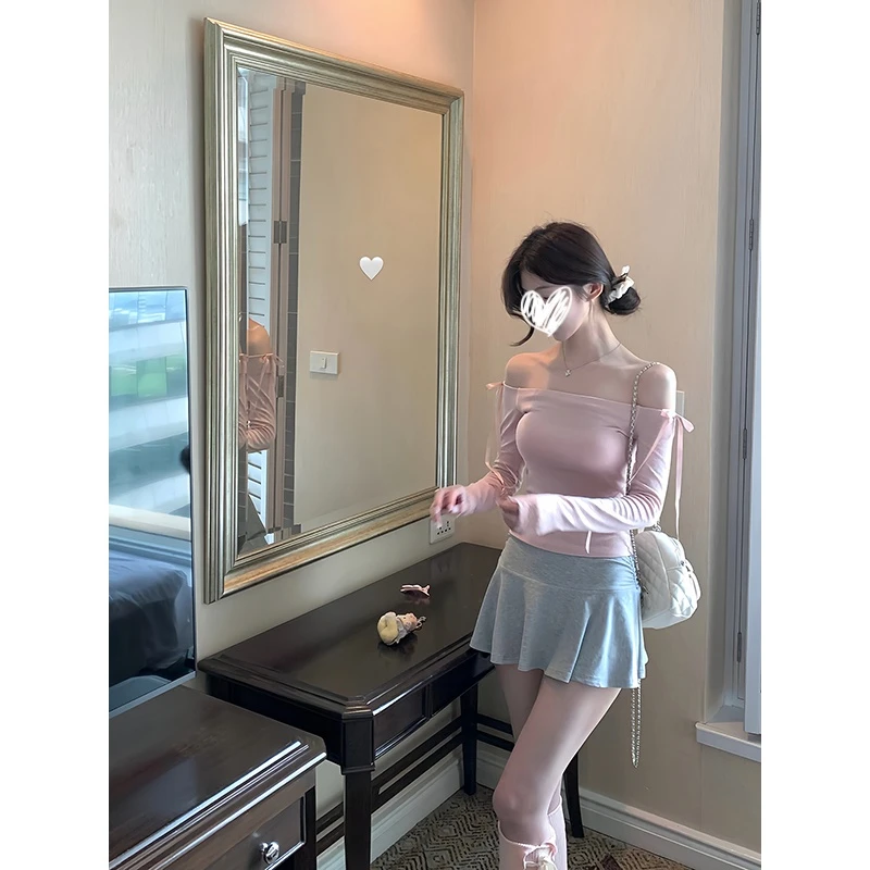 秋季新款韩系一字肩T恤蝴蝶结高级设计感纯欲修身显瘦百搭女上衣