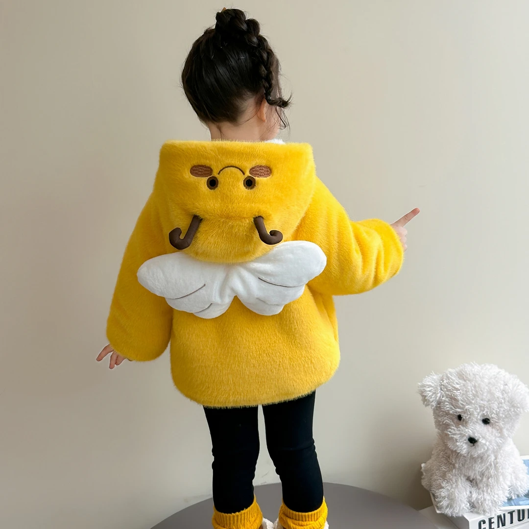 儿童毛毛外套2025新款洋气女童加绒加厚保暖棉衣可爱宝宝蜜蜂冬装