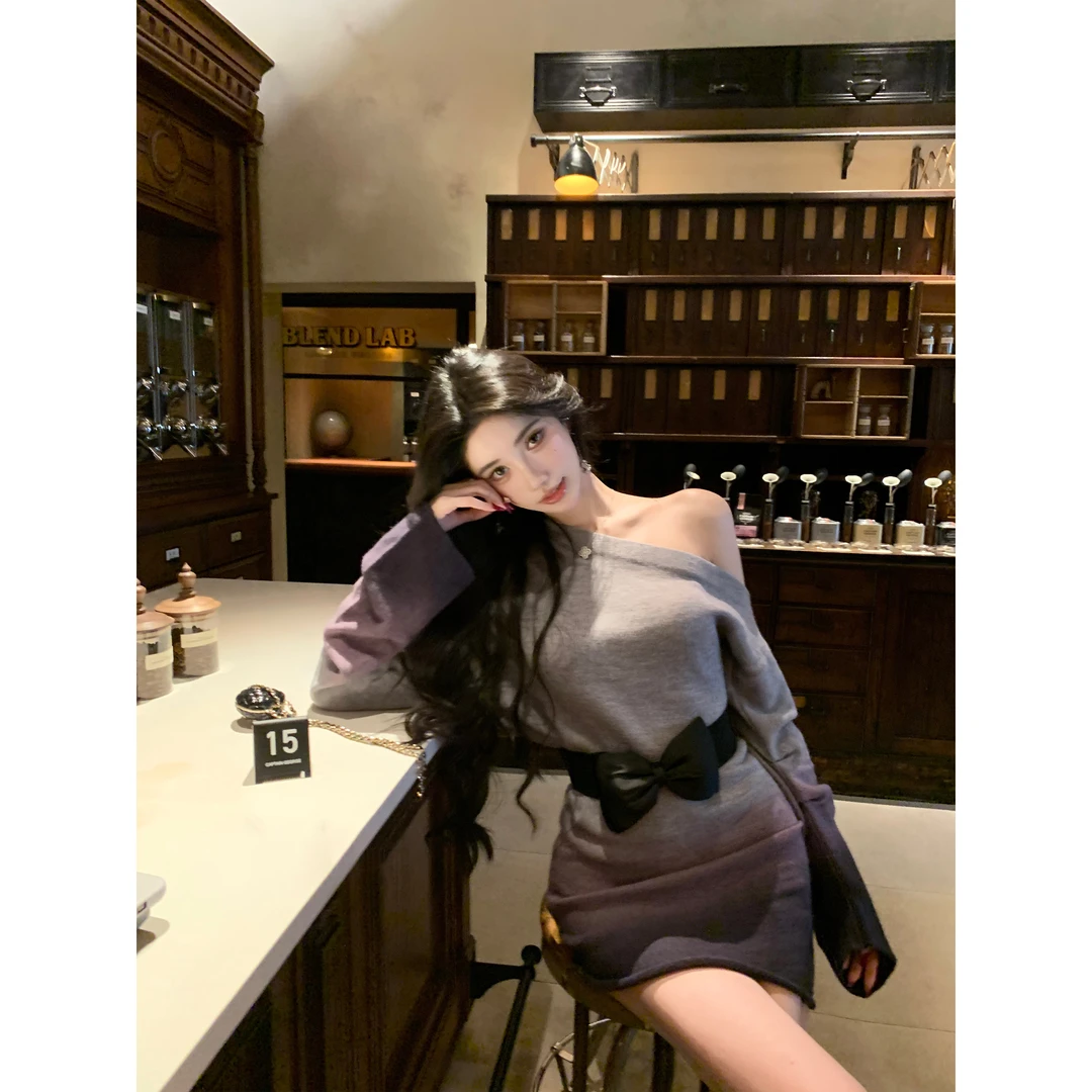 Barb Chill【气质沦陷】千金穿搭渐变色露肩连衣裙女收腰斜摆包臀裙