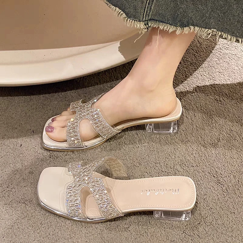 仙女风凉拖鞋女外穿2024夏季新款气质舒适水钻方头粗跟一字拖鞋女