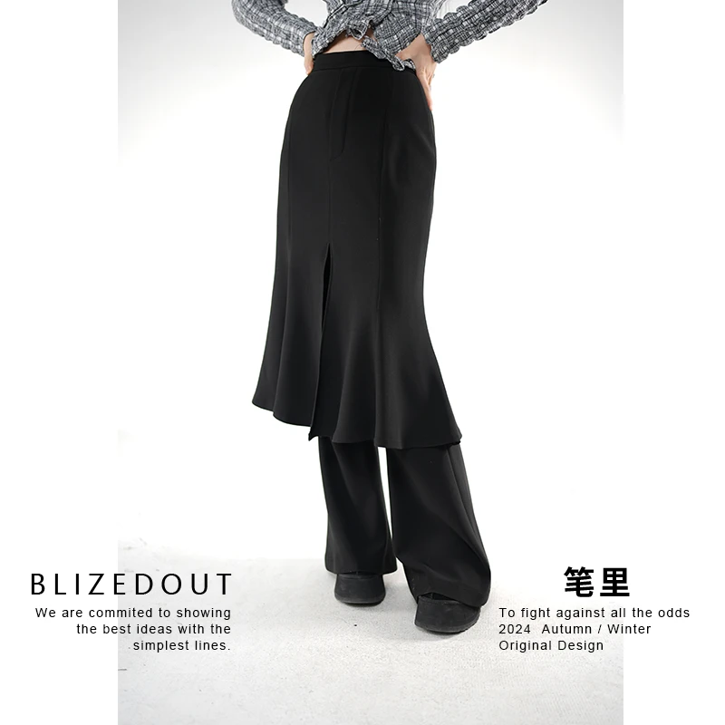 笔里【BLIZEDOUT】独立设计4122103黑色假两件设计秋冬长款裙裤