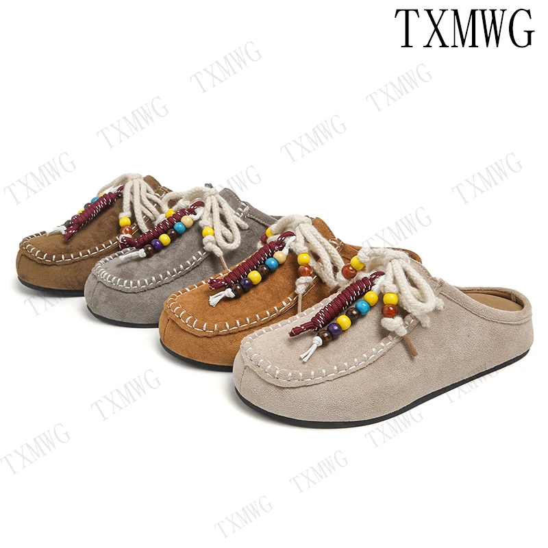 【运费补贴】复古串珠包头半拖女外穿新款韩版内增高休闲懒人拖6068