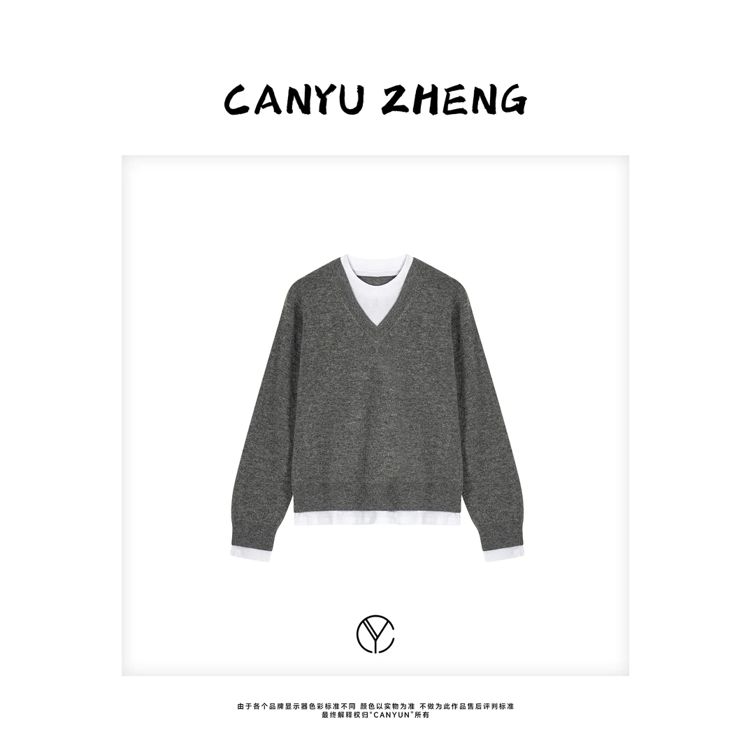 CANYU “高街浪漫” 100%羊毛 假两件层次感拼接长袖针织上衣