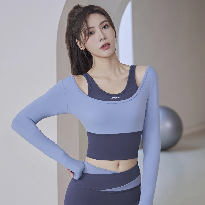 假两件瑜伽服T恤跑步美背健身带固定胸垫上衣紧身女运动上衣长袖