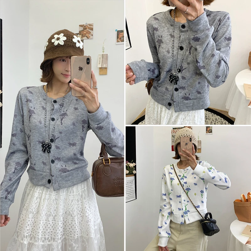 韩系猫咪印花开衫短外套女秋季新款修身显瘦小众设计感百搭上衣N