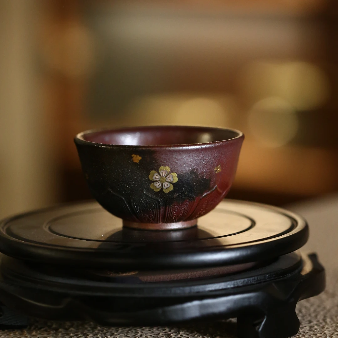 【陶研所专属】金银错莲韵杯 （檀）贵妃窑 龙血砂 60cc