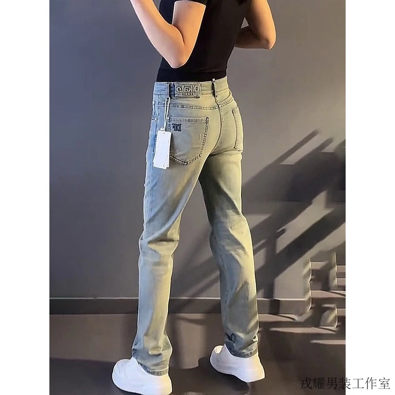 轻奢男装大码潮牌男士时尚新款显瘦休闲灰色设计感牛仔长裤直筒潮