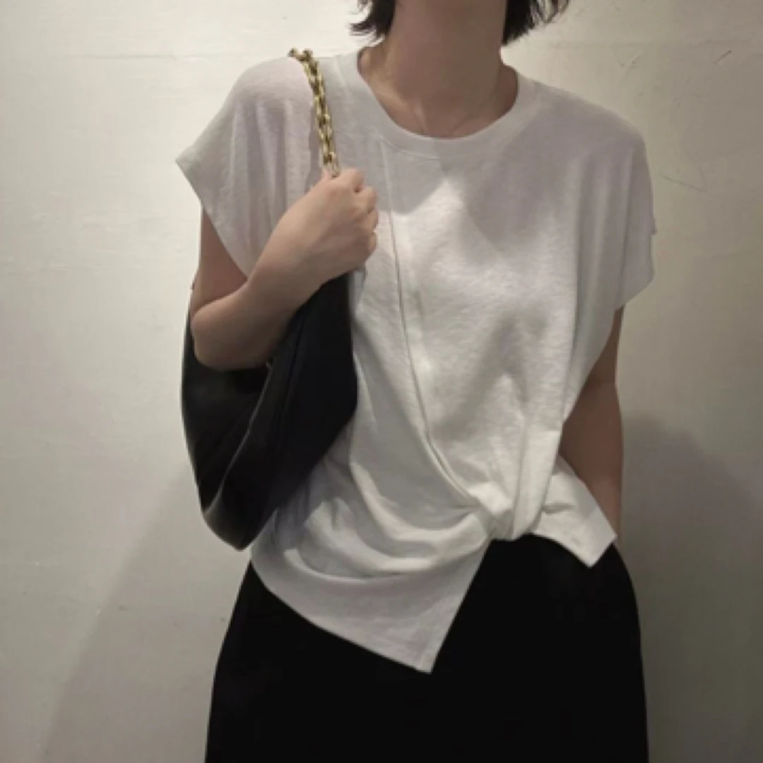 短袖宽松型INS风圆领拼接通勤T恤不规则上衣显瘦减龄
