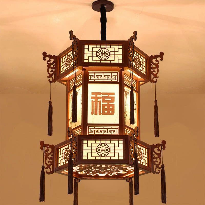 中式复古实木仿古宫灯羊皮宫廷吊灯建筑酒店寺庙长廊亭子六角灯笼