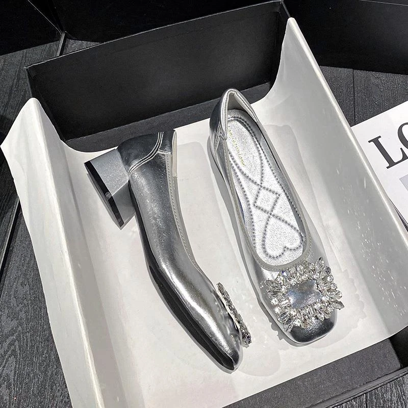 法式气质配裙子银色单鞋夏季百搭方头粗跟晚晚鞋浅口大码女鞋平底