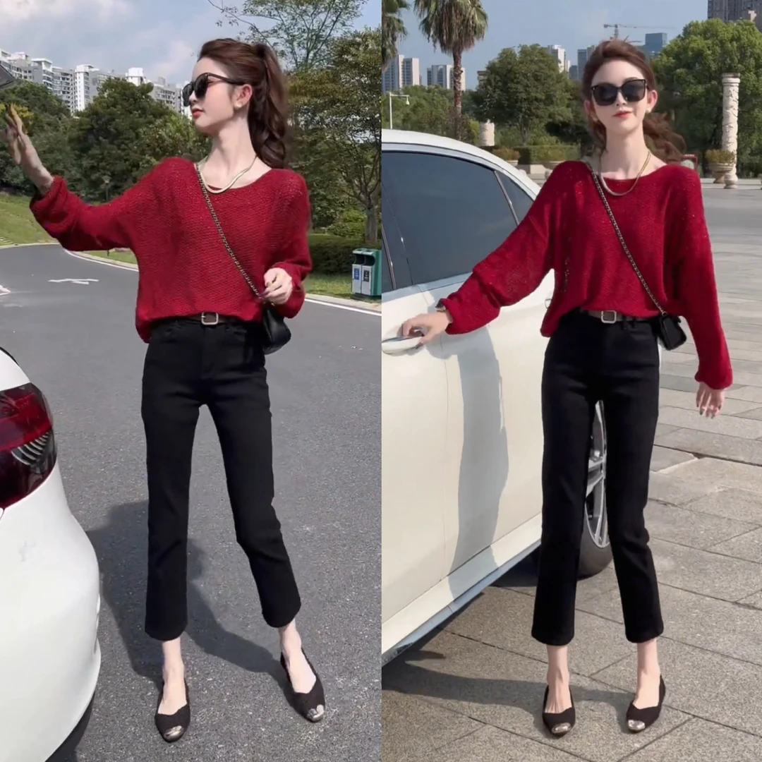 2025早秋新款高级感慵懒风宽松休闲套头毛针织衫+简约修身牛仔裤