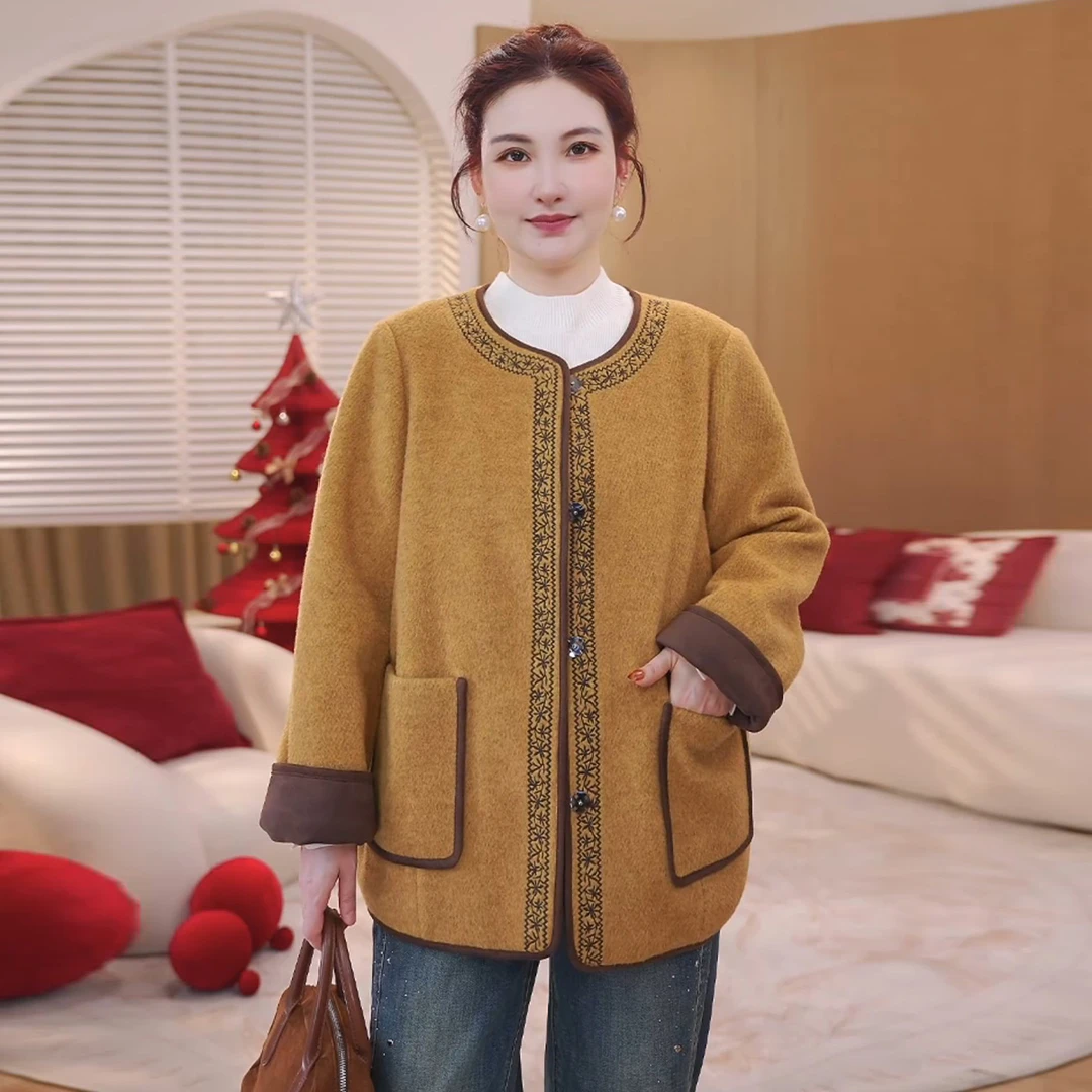 【夹棉仿羊毛呢】MsShe大码女装2025冬装民族风撞色外套S~E2512044