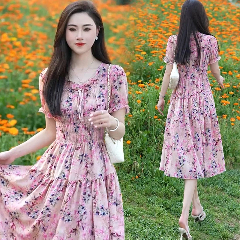 小个子短袖连衣裙女士夏季新款洋气减龄碎花中长裙休闲收腰A字裙