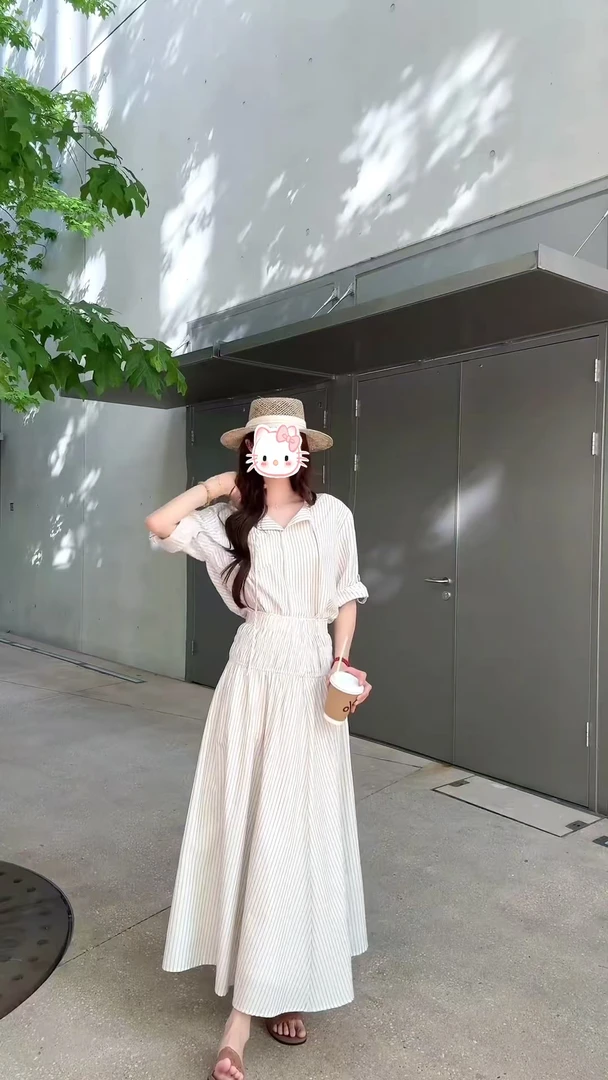 夏季新款小众条纹套装两件套夏季慵懒松弛宽松休闲气质衬衫+长裙
