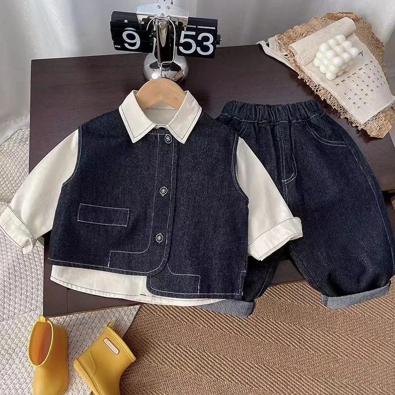 男童套装2025新款洋气儿童牛仔马甲宝宝春秋三件套衣服帅气炸街