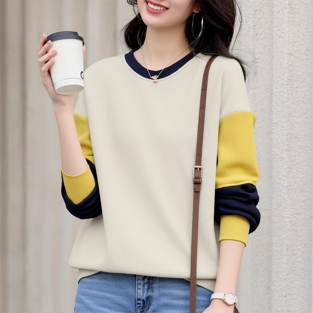 圆领新款时尚卫衣纯棉100%拼色显瘦时尚气质设计感气质女大码上衣