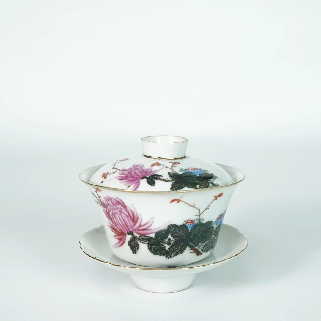 LABC250929119【十竹斋】民国秋菊粉彩拔白三才盖碗（丽华瓷业公司）