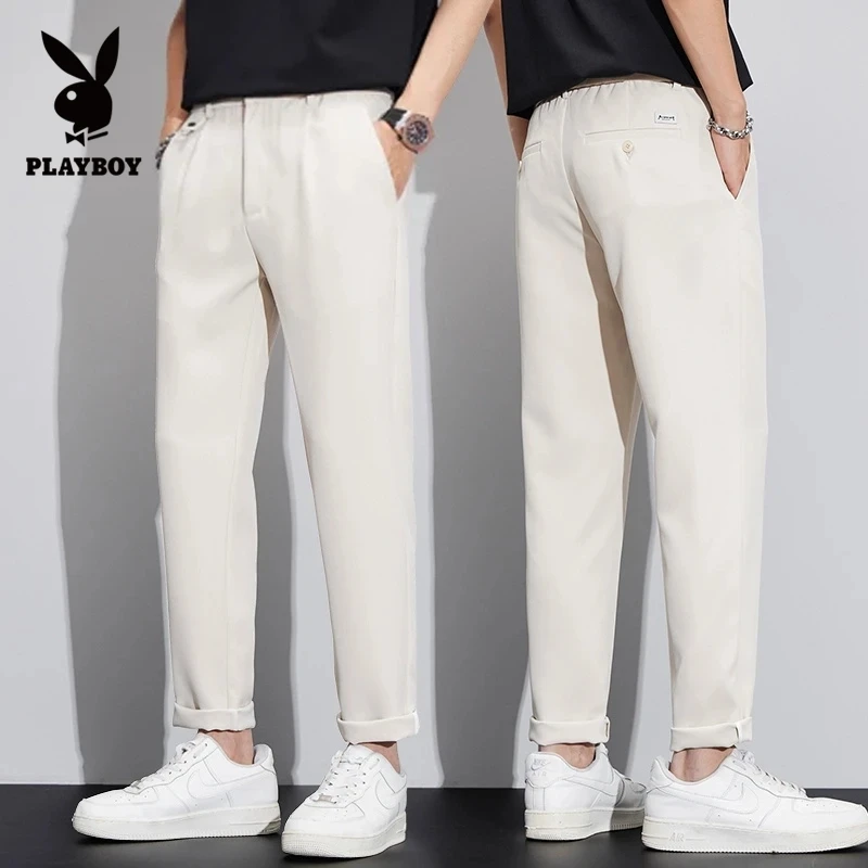 花花公子冰丝休闲裤男士夏季薄款修身直筒西裤纯色商务百搭九分裤