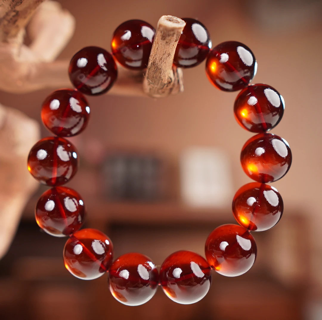 夏歌珠宝-15+缅甸天然琥珀圆珠手串轻奢时尚红色百搭简约单圈素款