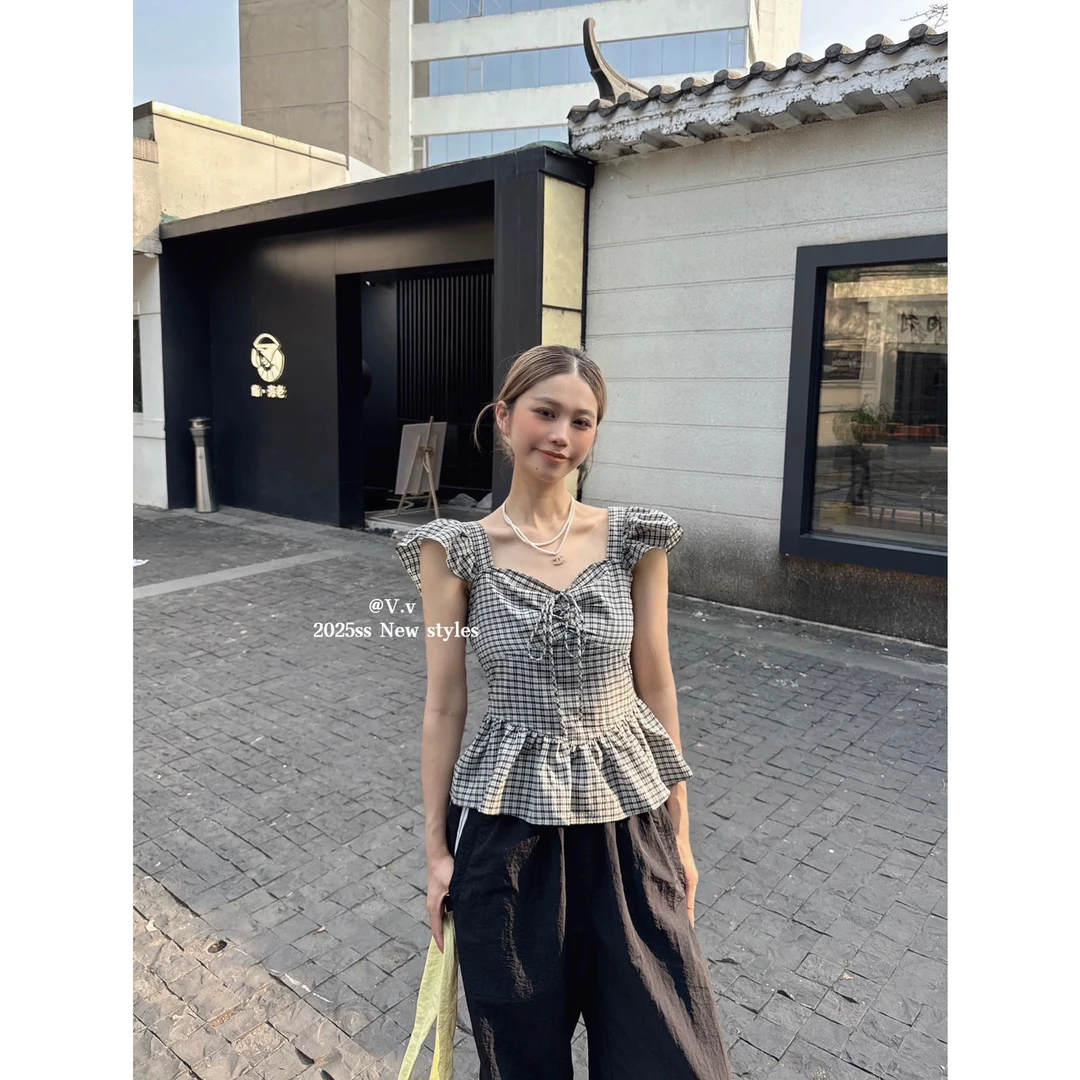 梦小小女装2025新款韩版甜美飞飞袖ins风荷叶边百搭显瘦格子小衫