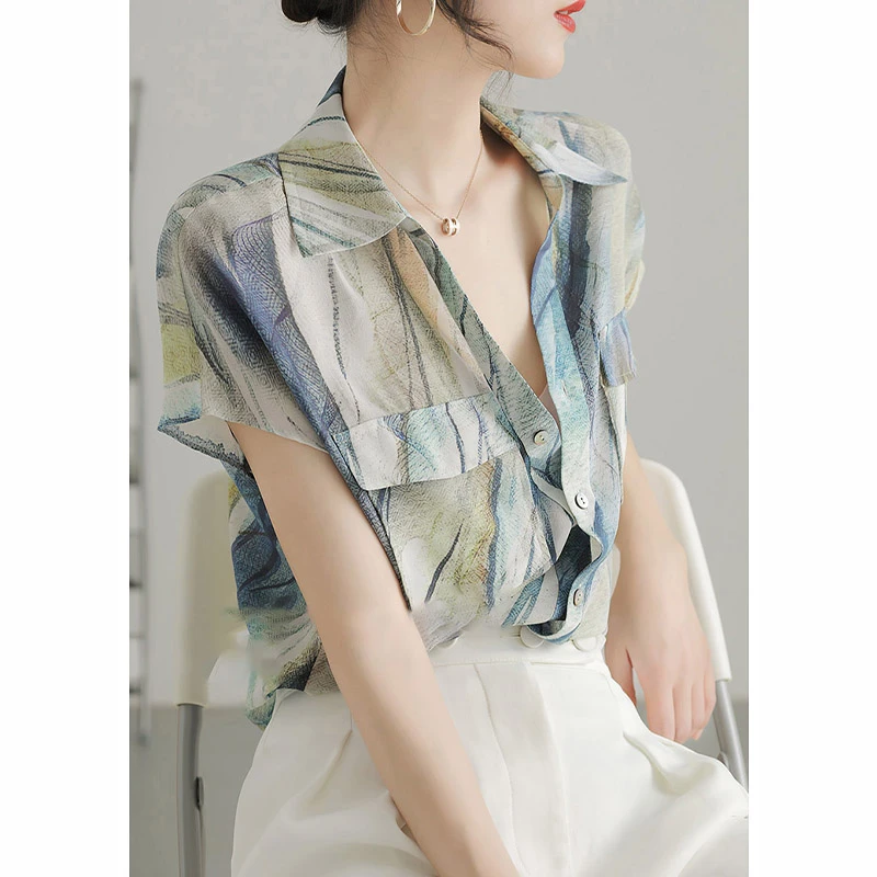 扎染复古短袖雪纺衬衣女2025夏季新款气质通勤女装上衣polo领衬衫