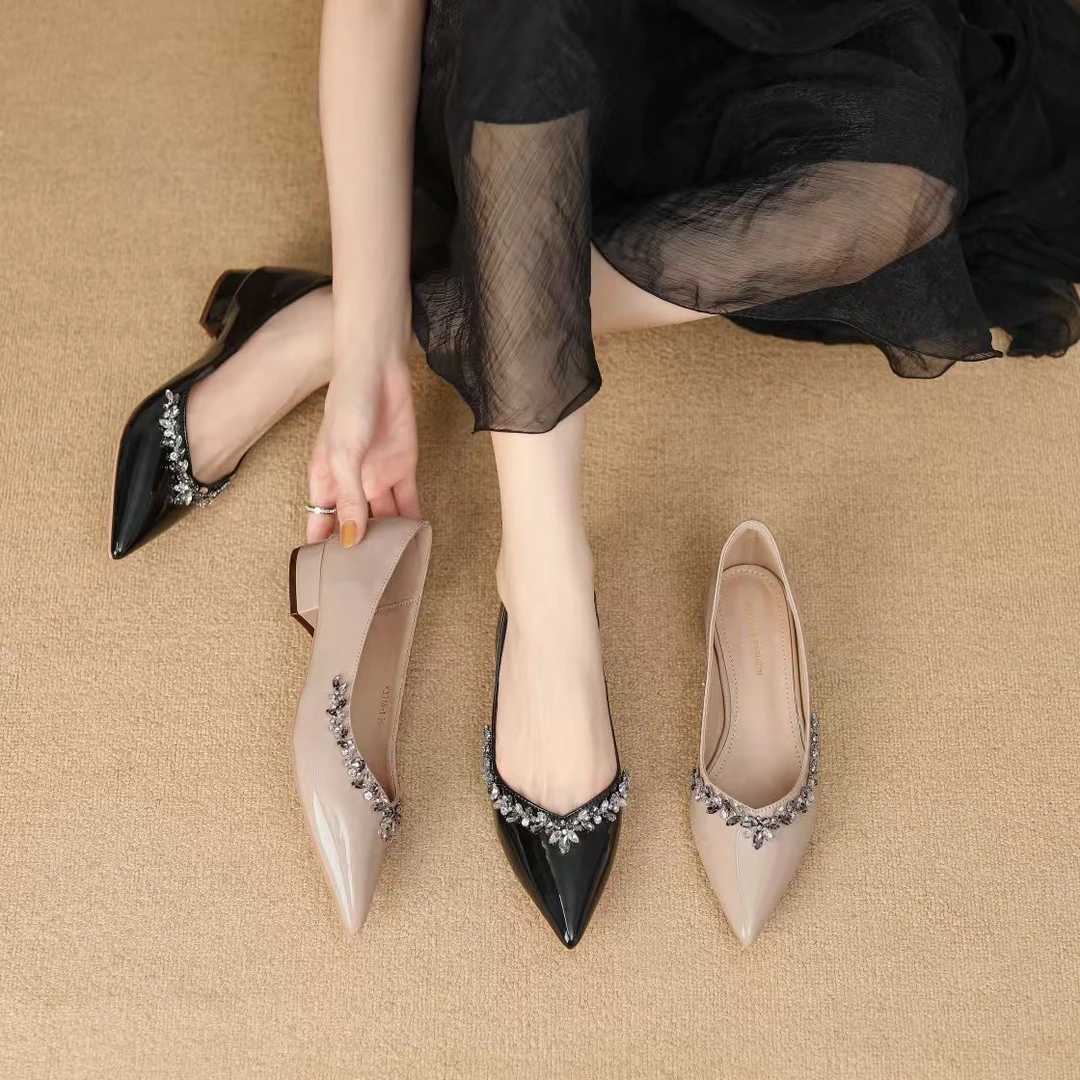 低跟增高浅口内增高尖头水钻单鞋女鞋高跟舒适软底百搭时尚气质