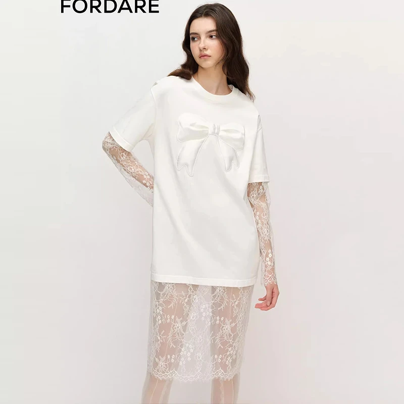 FORDARE设计师春季新品立体蝴蝶结蕾丝拼接T恤连衣裙