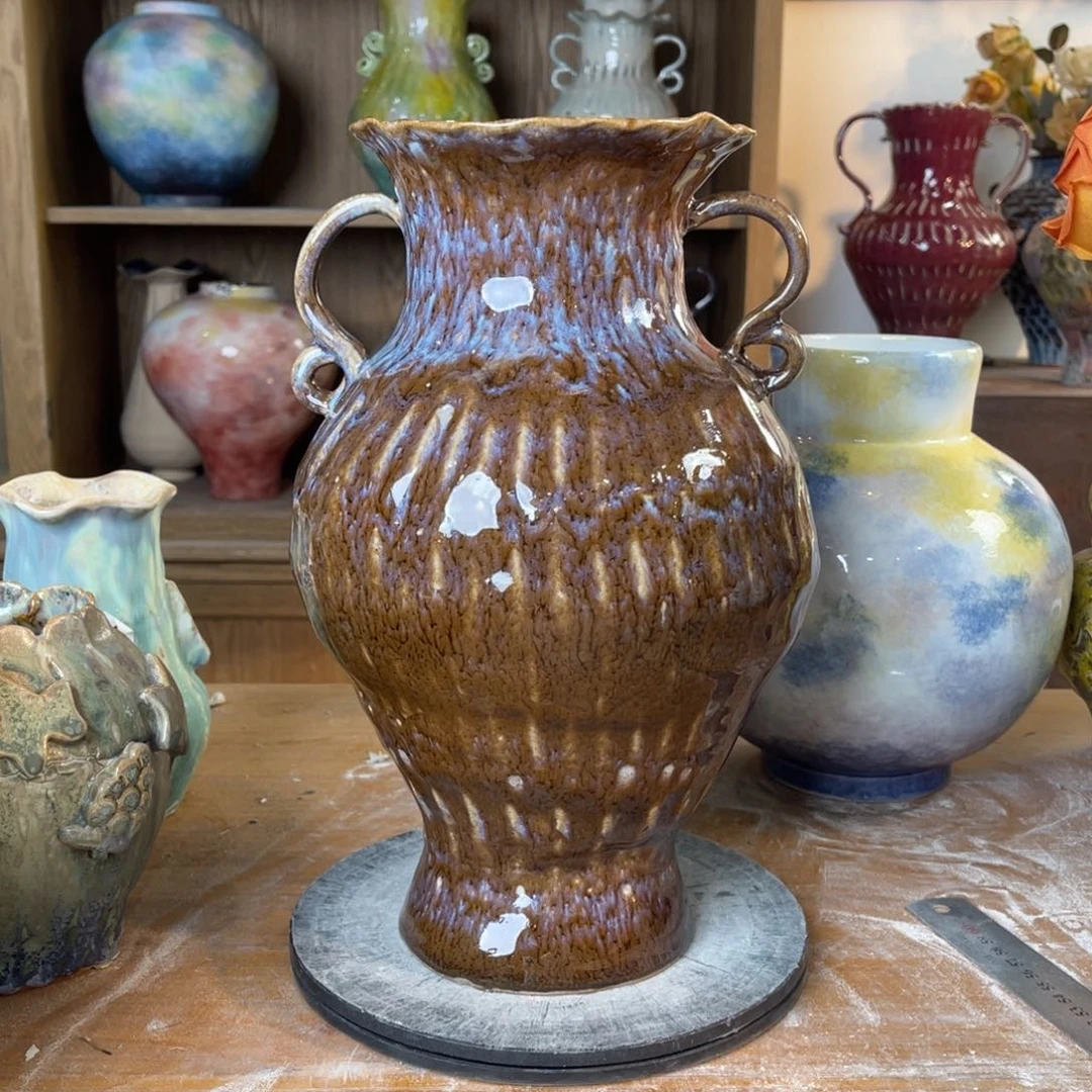 摆件陶瓷花瓶高30.5口径8盘泥微瑕