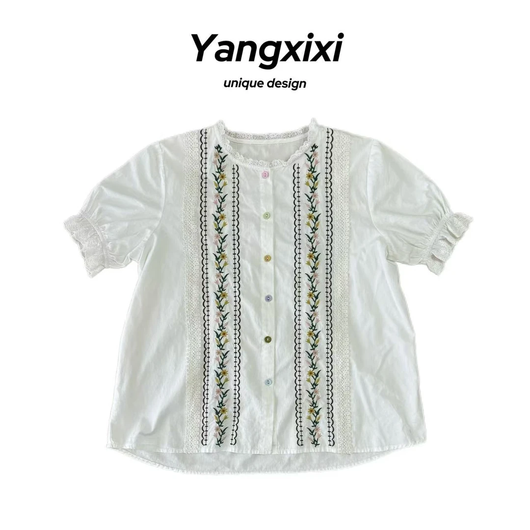 原创夏季日系文艺小清新刺绣花朵彩扣木耳边短袖森女减龄宽松衬衫