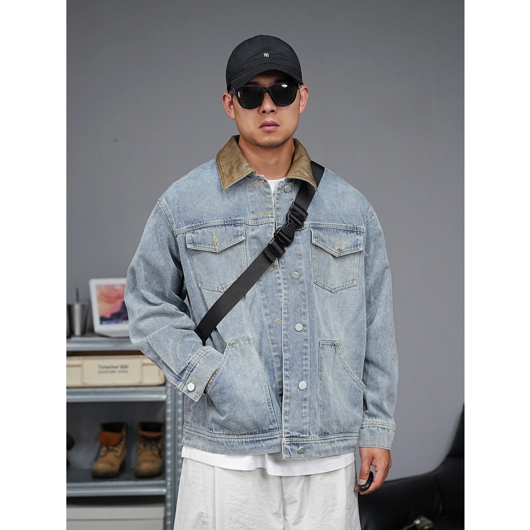 秋季美式休闲痞帅水洗复古拼接牛仔外套男宽松百搭高街翻领夹克潮