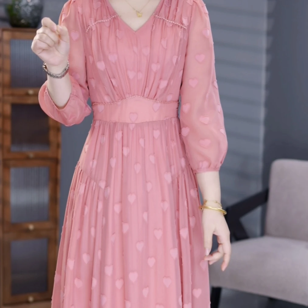 2025春季新款时尚气质优雅粉色收腰显瘦长袖连衣裙