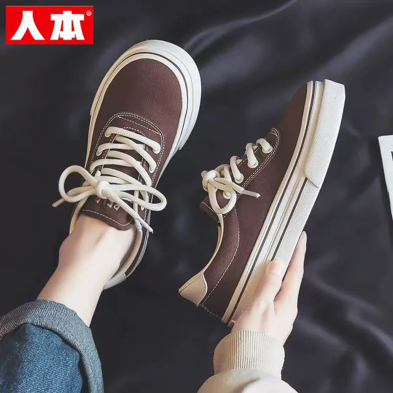 人本厚底帆布鞋女2025秋季新款棕色大头鞋港风休闲百搭运动板鞋子