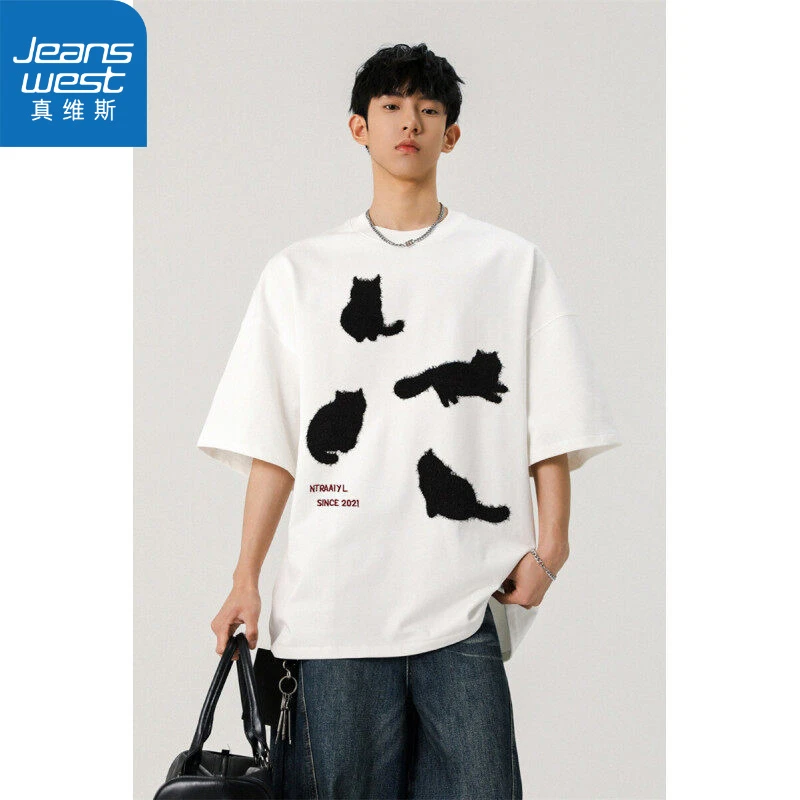 圆领夏季国潮潮流白色t恤短袖烫画T恤猫咪复古常规高街美式街头潮