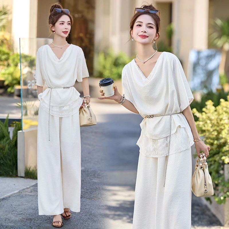 法式名媛蕾丝时尚套装女2025年夏季新款名媛风不规则阔腿裤两件套