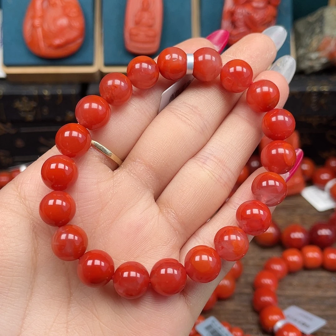 南红玛瑙未镶嵌手串放漏 瓦西柿子红飘花卡10mm