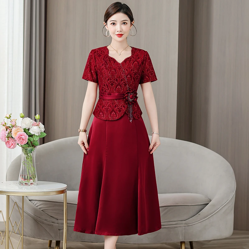 气质连衣裙两件套妈妈婚宴礼服洋气时尚喜婆婆套装中长款裙子夏季