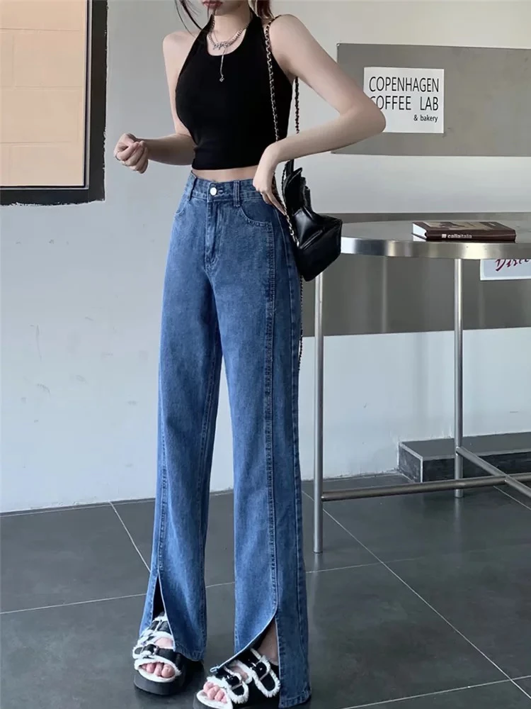 6011 时尚高腰开衩设计款显瘦蓝色百搭牛仔裤（LZZ02）