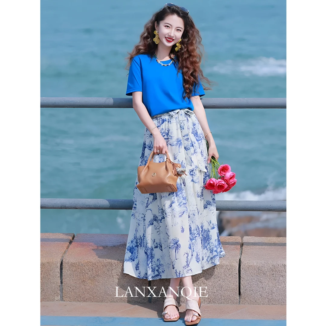 多巴胺一整套ootd穿搭独特绝美漂亮设计感T恤碎花半身裙套装夏季