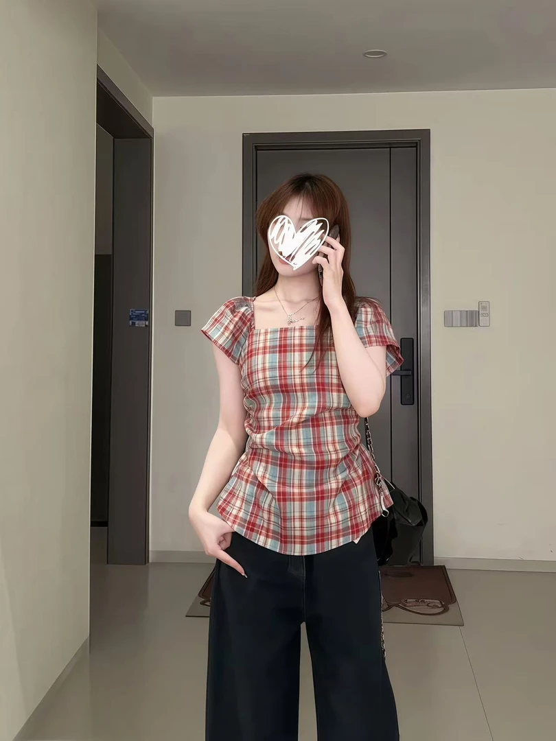 2025夏季新款胖mm法式方领辣妹衬衫女夏季新款高级感格子衬衣