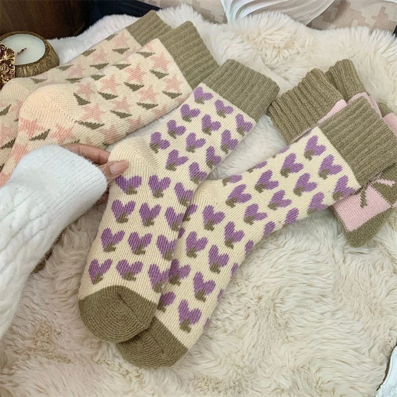 秋冬新款加厚防寒毛绒袜款袜子冬季纯色毛圈爱心保暖袜超厚中jjj